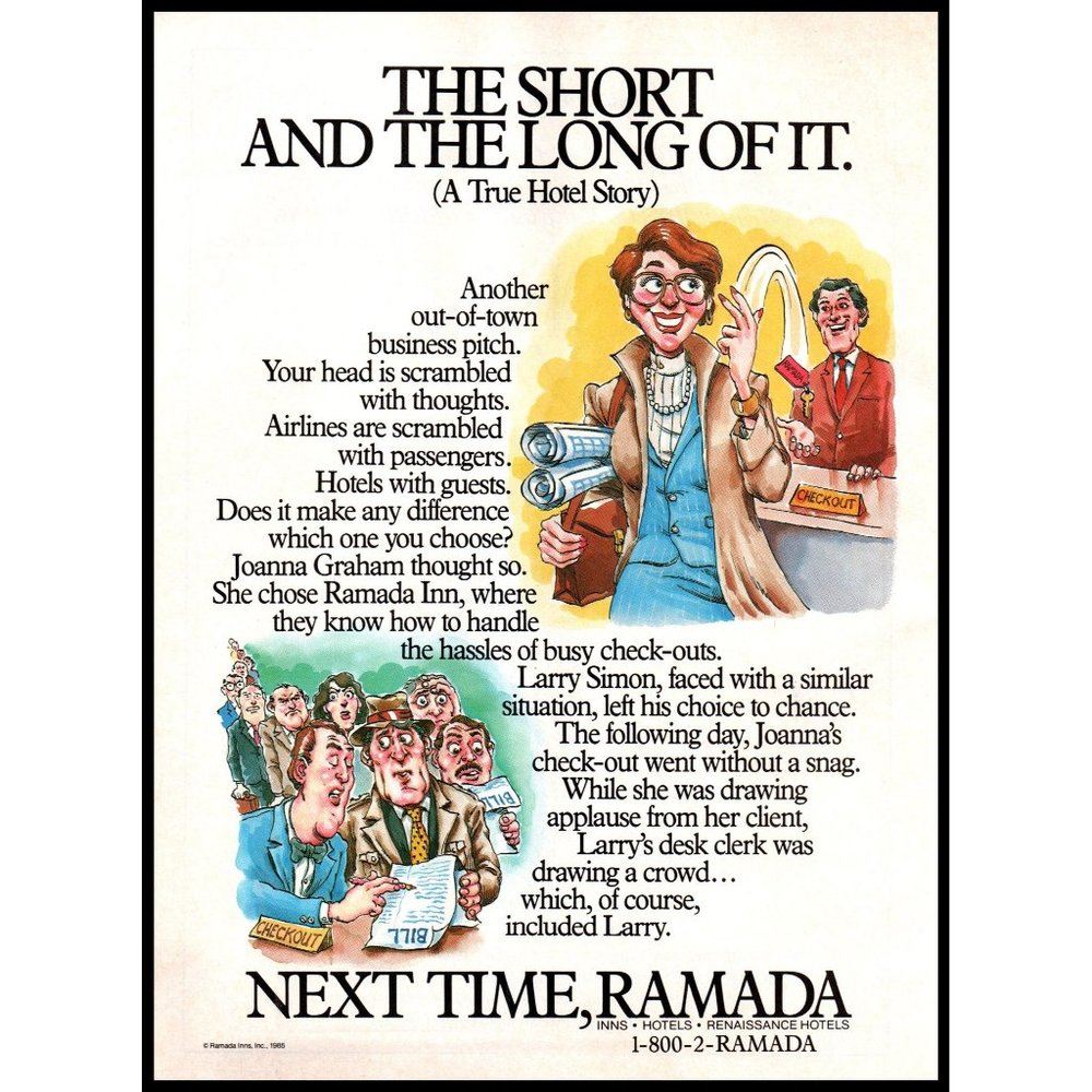 1985 Ramada Inn Vintage Print Ad Renaissance Hotels Front Desk Cartoon Wall Art